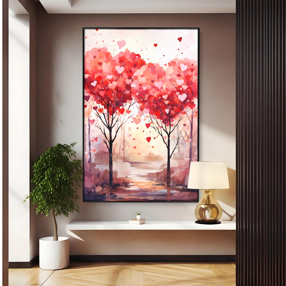 Tablou canvas cu tablou canvas cu doi copaci in forma de inimi, in rama de aluminiu negru